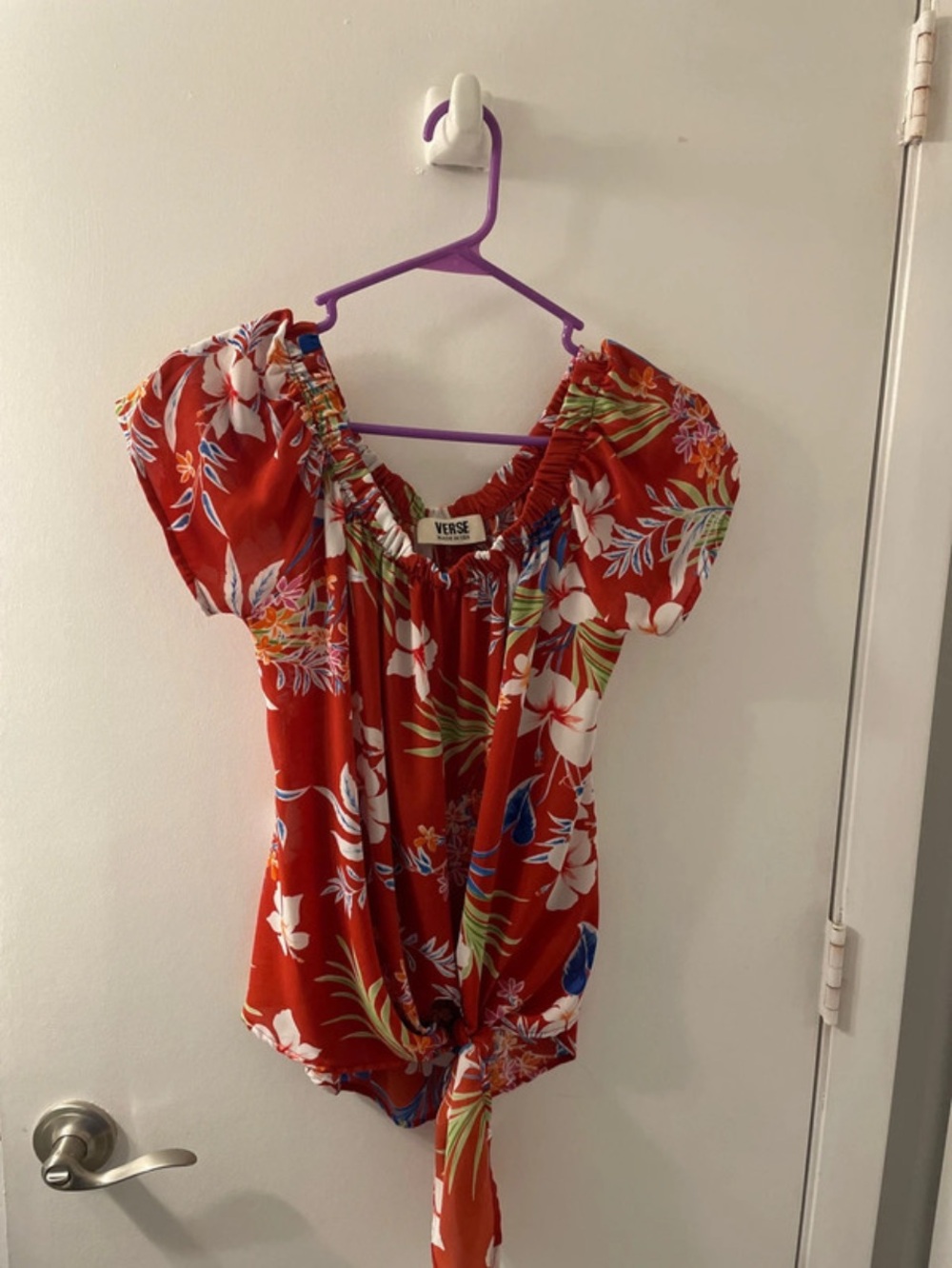 Red Floral Off-Shoulder Tie-Front Women’s Top